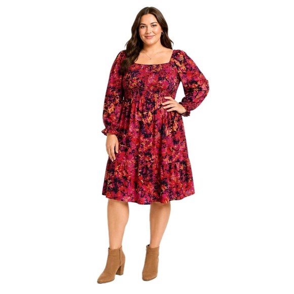 Terra & Sky Dresses & Skirts - Terra & Sky Plus Size 1X  Floral Peasant Dress Smocked Long Sleeve Boho Chic